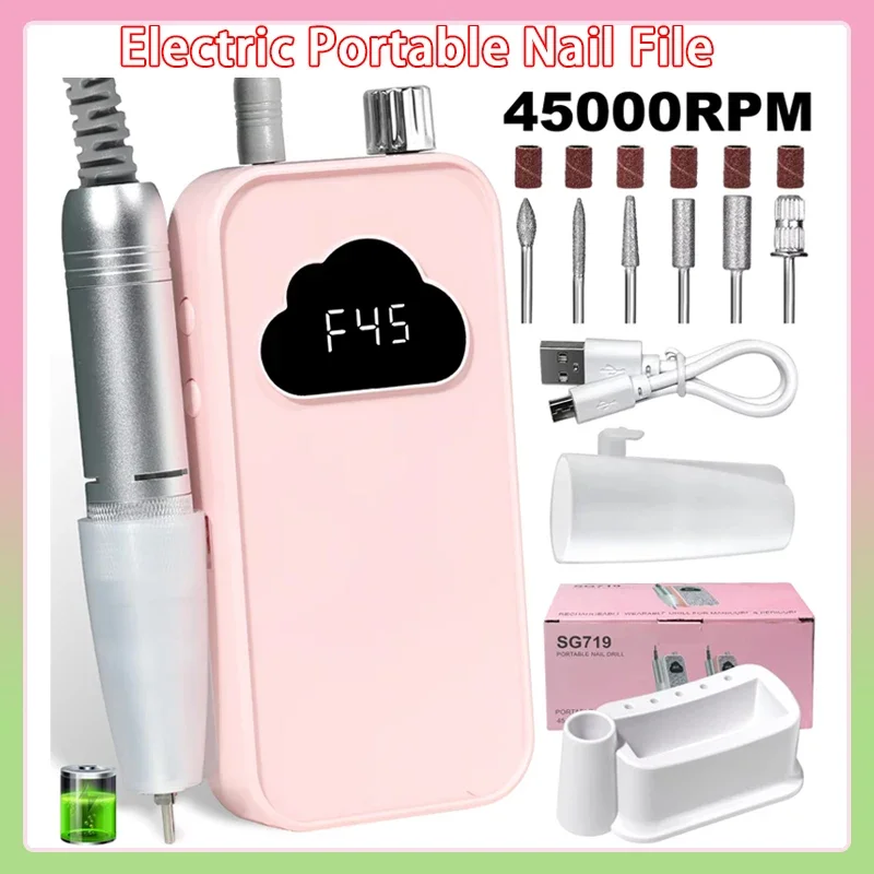 

Profesional 45000RPM Electric Nail Drill Rechargeable Electric Portable Nail Sander File for Gel Nails Polishing Salon Tool
