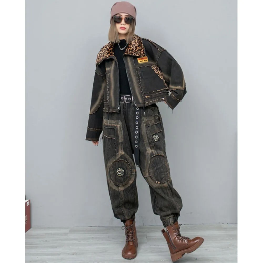 2024 Winter Personalized Trendy Denim Patchwork Leopard Print Double-sided Long Sleeved Jacket + Pants Two-piece Set Women ZF296