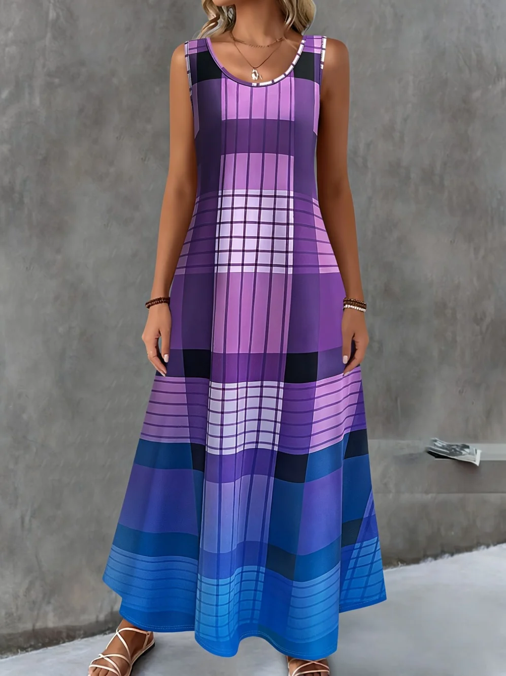 Damen-Sommerkleid, einfaches Gittermuster-Design, modisches Rundhals-Design, Damenkleidung, lässig, cool, sexy, ärmellose Kleider für Damen – Detail 6