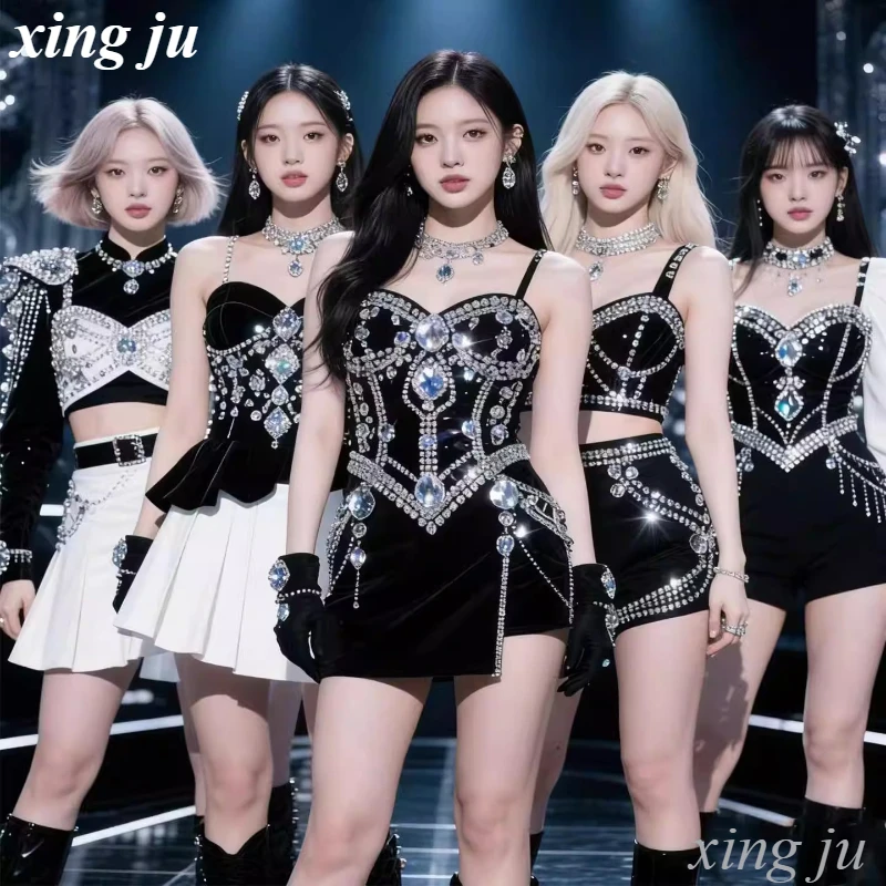 

Xing Ju Women Group Kpop Outfits Sexy Rhinestones Sling Tops Tight Skirt Black Shorts Jazz Dance Costume Stage Performance Wear
