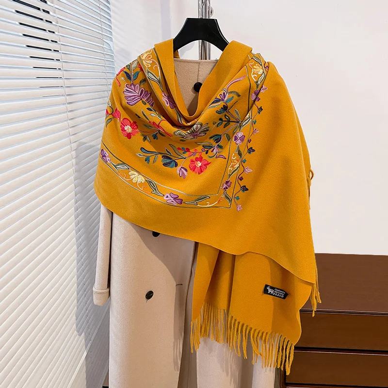 Luxury Winter Embroidery Cashmere Scarf Women New Design Warm Pashmina Blanket Poncho Scarves Female Shawl Thick Foulard Bufanda