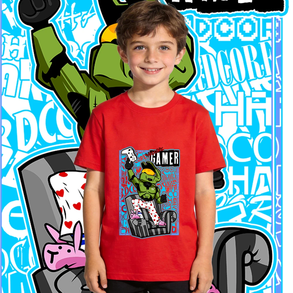 Halo Hardcore Gamer Anime Print Boys Girls Cotton Short Sleeve Kids T Shirt Soft Casual Daily Wear Top