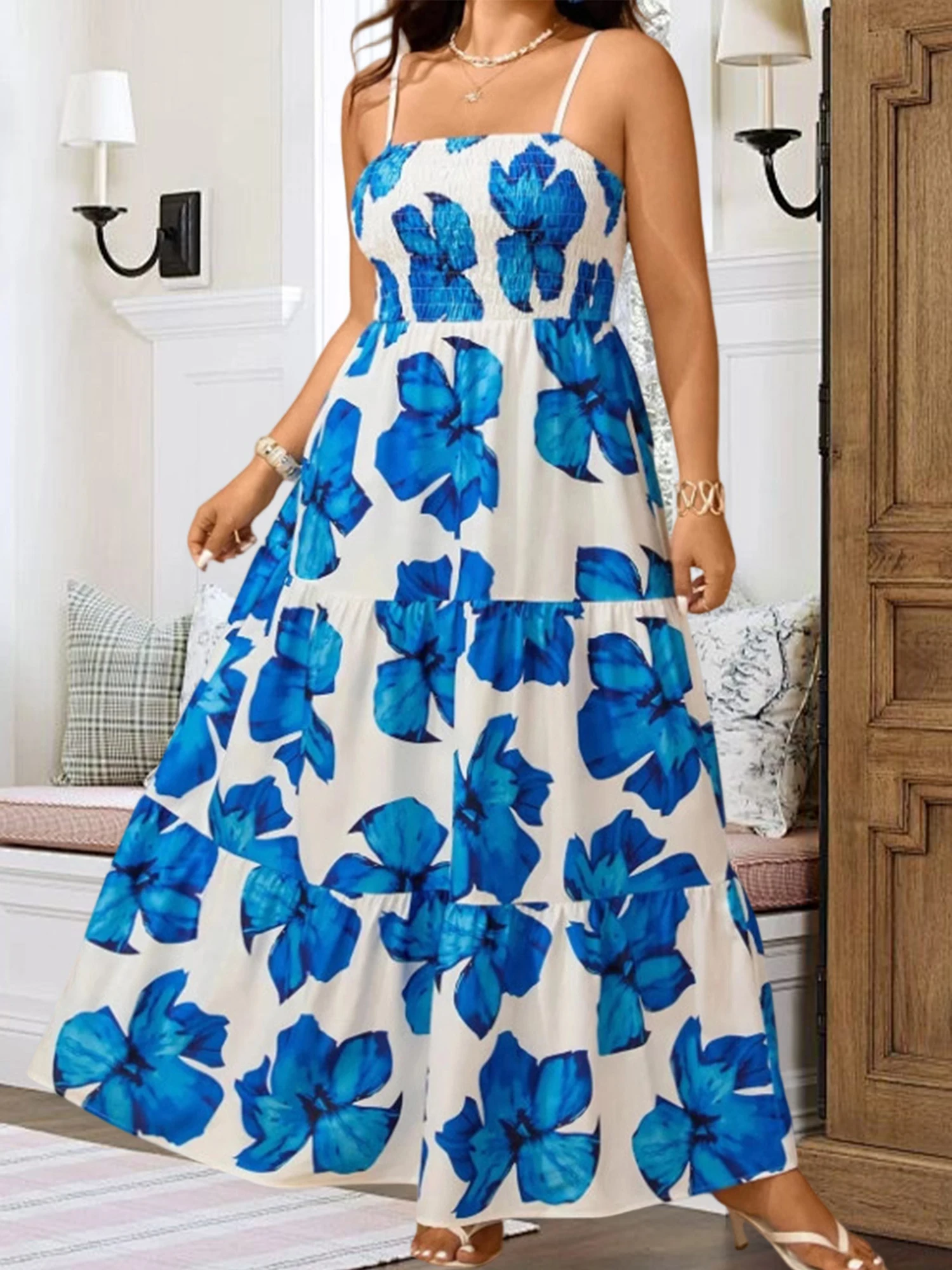 

Plus Size Women s Summer Dress Elegant Off-Shoulder Ruffle Sleeve Floral Print Maxi Dress with Belt Detail