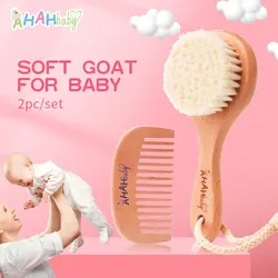 Brosse Baby Hair Brosse Bebe Personnalisé Ensemble de brosses en laine douce pour nouveau-né, poils de chèvre, en bois, peigne pour enfants avec Logo personnalisé, 3 pièces/ensemble