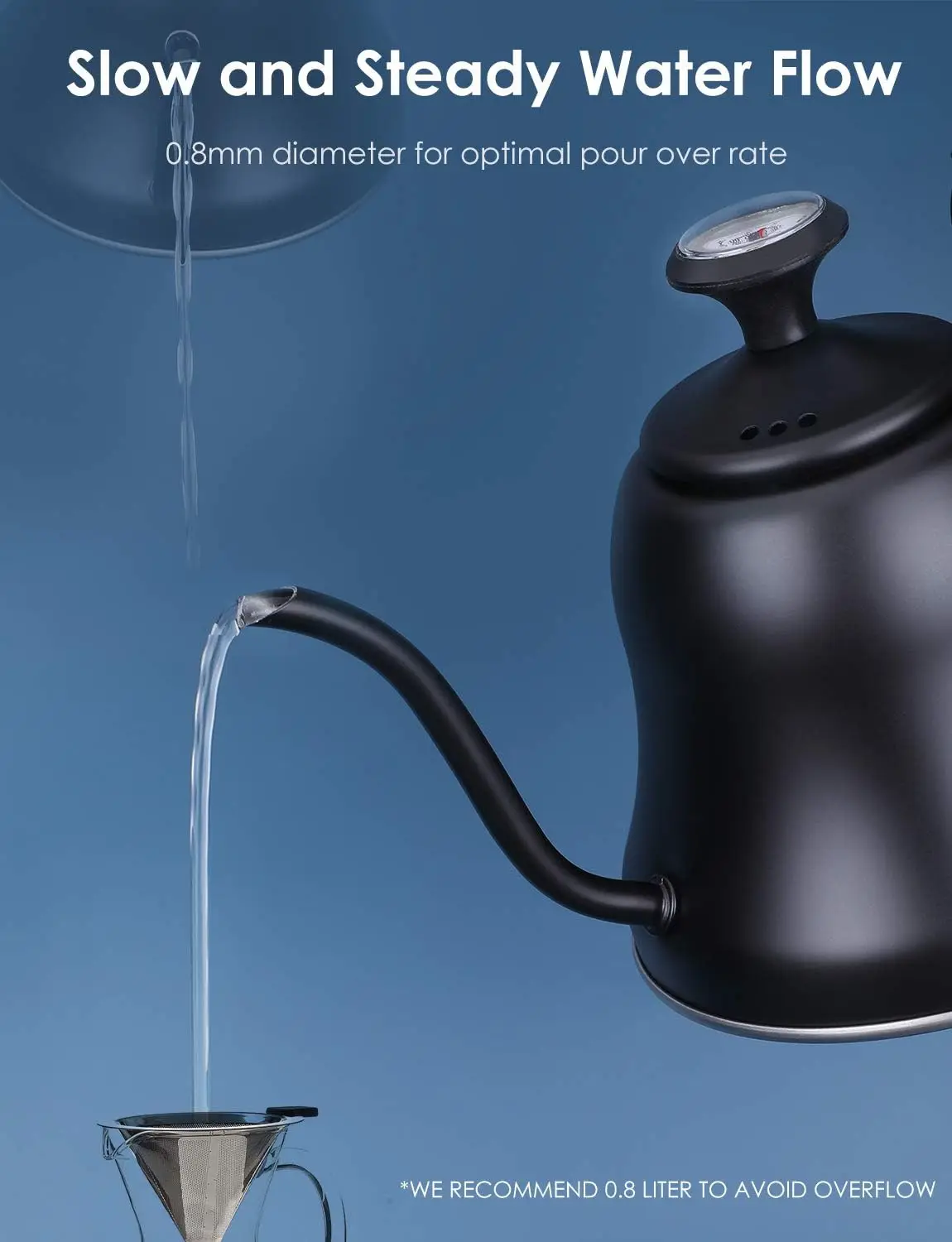 Tea Kettle with Thermometer Stovetop Gooseneck Kettle 28oz 0.8L Pour Over Coffee Pot, Matte Black Camping Home Kitchen Water Boi