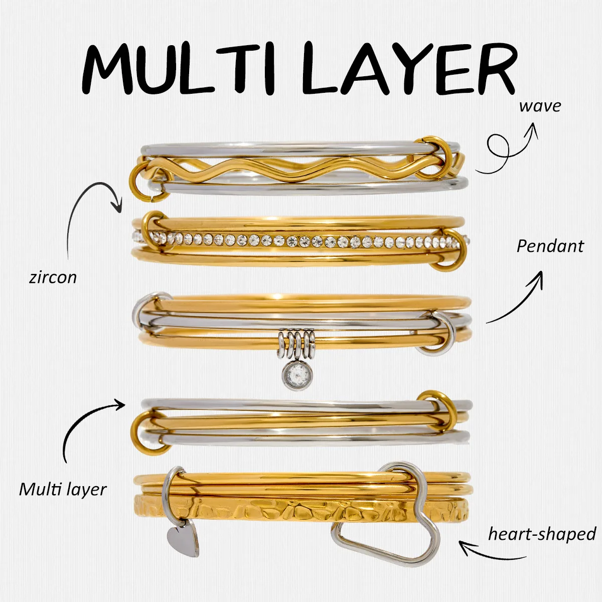 

European Hot-selling Multi-layers Stainless Steel Bangles For Women Waterproof Wave Heart Charm Cuff Bracelets Stacking Jewelry