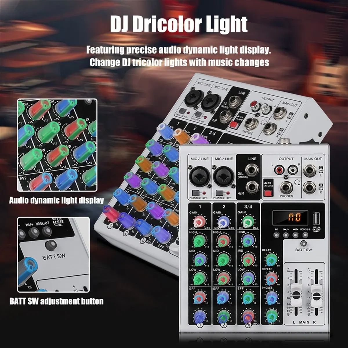 T177C-4 Channels Audio Mixer Portable DJ Karaoke Mixing Console XLR Bluetooth 48V Phantom Power for PC MP3 Recording EU Plug HOT