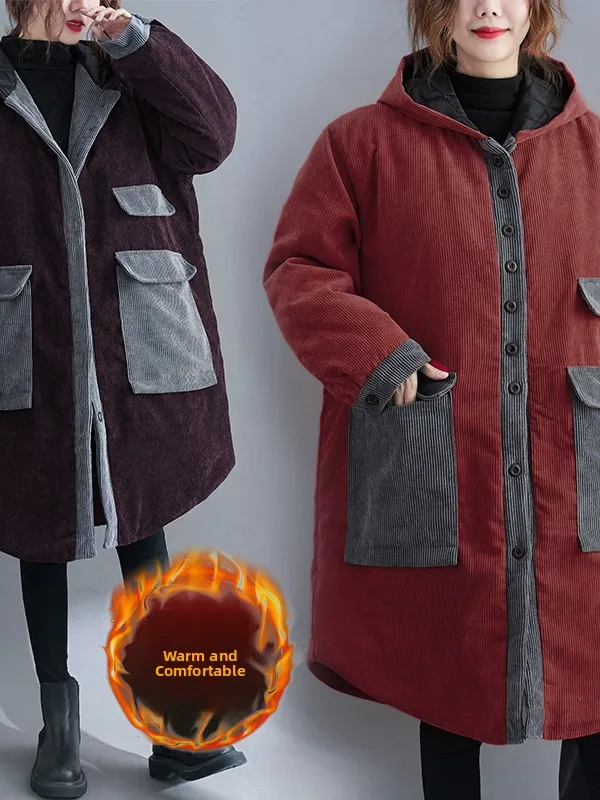 Thiened Baumwolle Samt Mit Kapuze Jaet frauen Lose Große Größe Mid-Länge Mantel Herbst Winter Neue Sle mit keten lange Sve