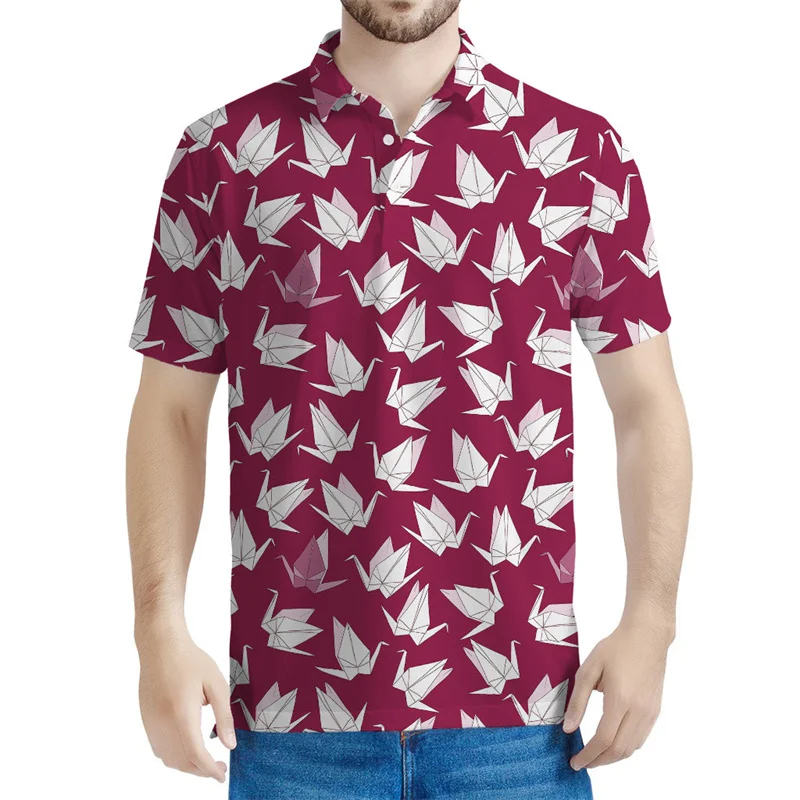 قمصان بولو للرجال ملونة بنمط الطيور اوريغامي ، تي شيرت مطبوع ثلاثي الأبعاد للرجال ، تي شيرت كبير الحجم ، طية صدر السترة عارضة ، أكمام قصيرة ، قمم الصيف