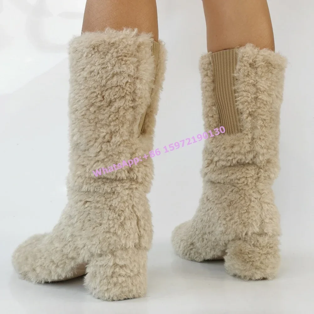 

Furry Chunky Heels Boots Round Toe Slip On Elastic Hotties Lovely Mid Calf Boots Ladies Winter Soft Warm Leisure Solid Shoes
