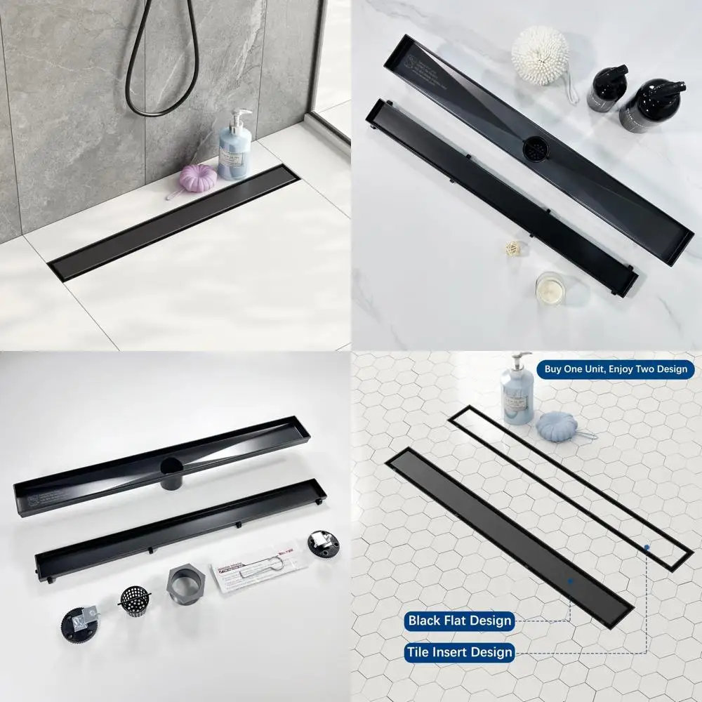 

24-Inch Rectangular Shower Floor Drain with Flat and Tile Insert, Black Cover, Linear Design for Modern Bathrooms