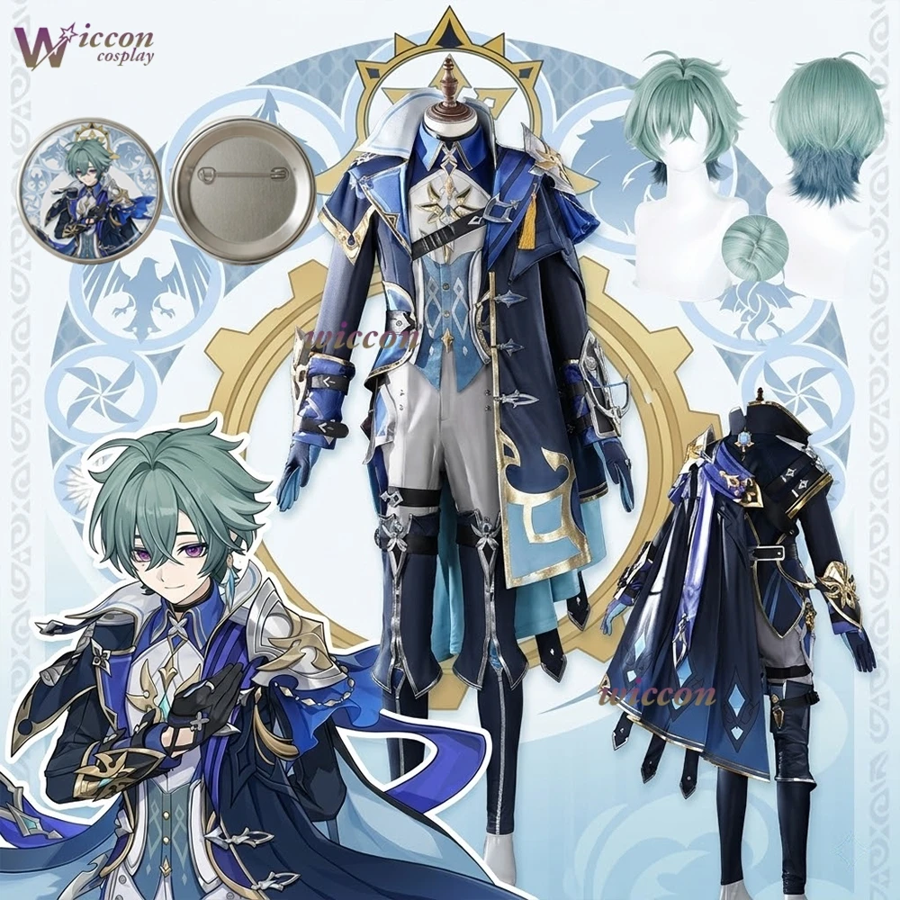 

Genshin Impact Lohen Cosplay Costume Wig Badge Uniform Blue Cloak Knights of Favonius Halloween Party Role Play Handsome Suit