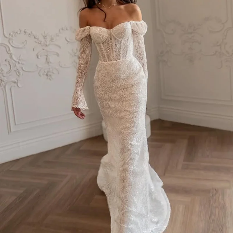 Abiti da sposa con applicazioni avorio lucido con spalle scoperte glitter a coda di pesce Coda lunga Abiti da sposa a maniche lunghe realizzati su misura