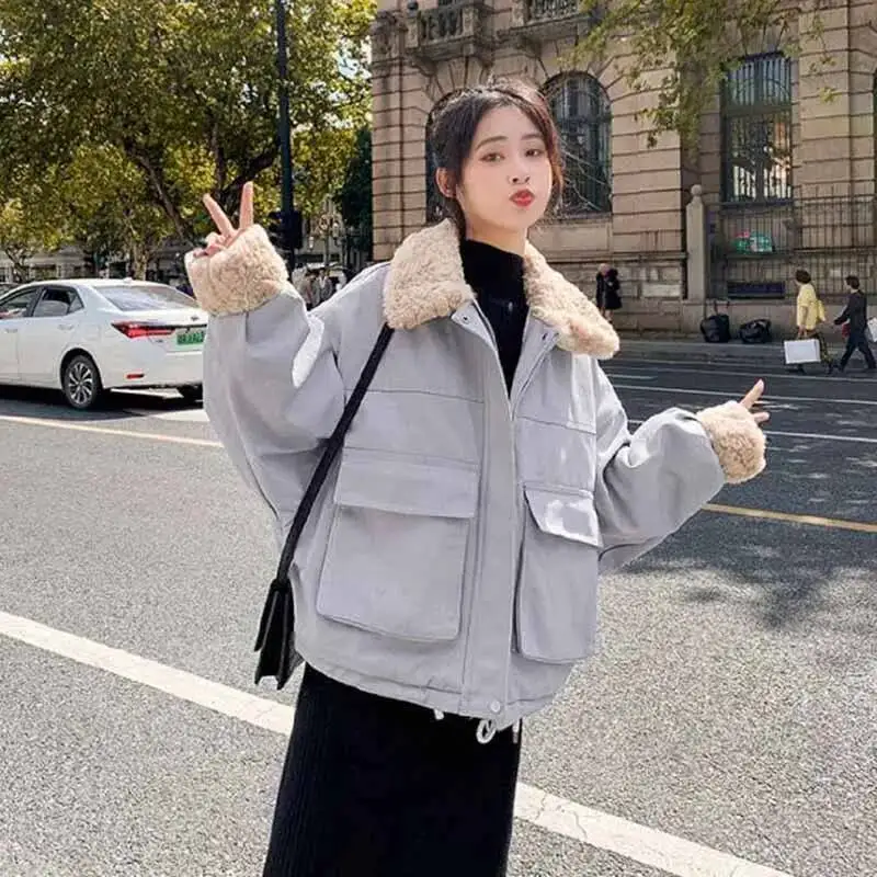 

Lucyever Winter Parkas For Women All Match Loose Big Pocket Thicken Warm Cotton Outwear Woman Korean Wool Turndown Collar Jacket
