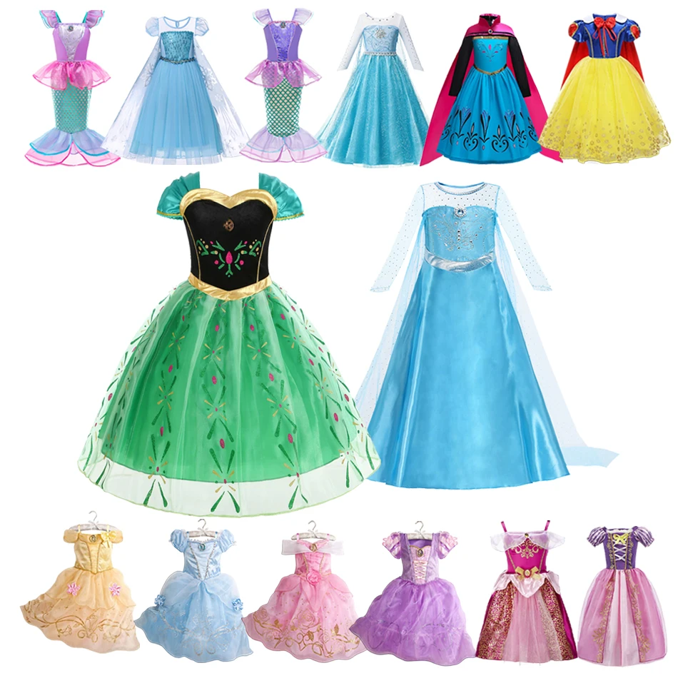 Disney Frozen Elsa Anna Children Princess Costume Girl Rapunzel Dress Kids Christmas Cosplay Belle Aurora Birthday Party Clothes