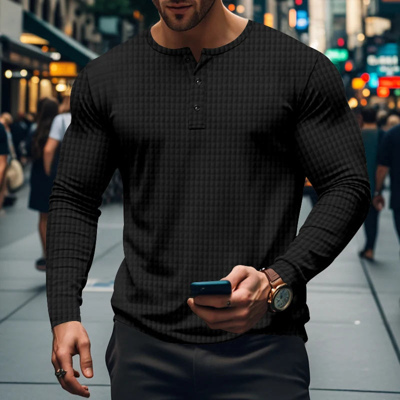 Cross-border small square sports slim breathable men's long sleeve T-shirt Europe and America men's casual Henry shirt