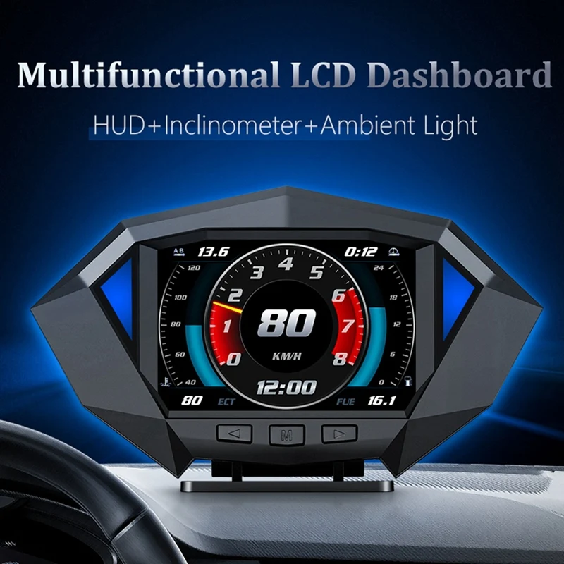 P1 Car Heads Up Display OBD2 GPS Auto On-Board Computer Security Alarm Water Temp Fuel Consumption HUD Inclinometer