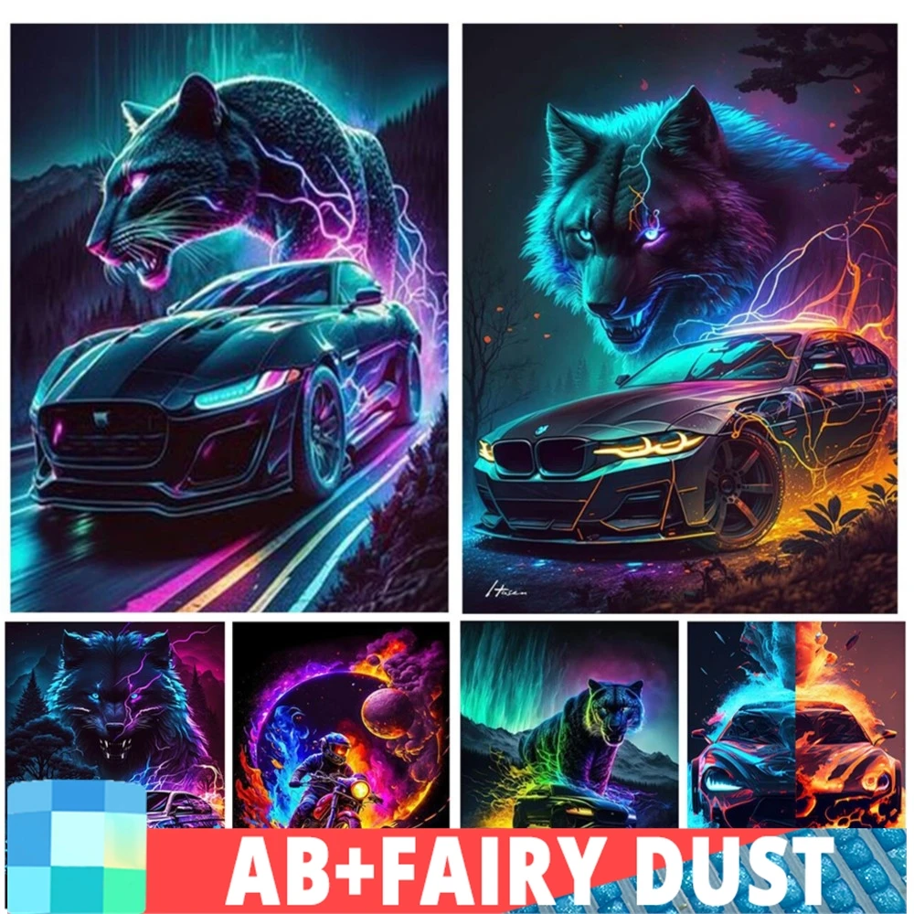 Kit de pintura de diamante 5D DIY, decoración del hogar hecha a mano, Pantera de velocidad de neón y coche, mosaico de taladro completo, punto de cruz, Animal, polvo de hadas AB