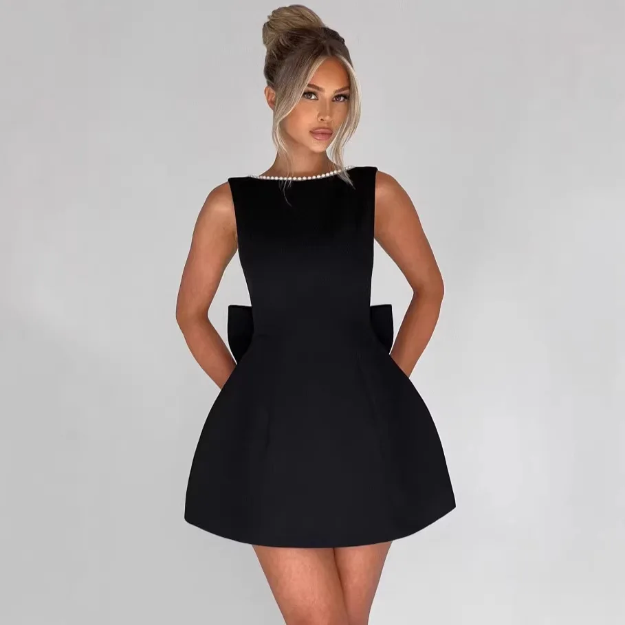 

New Summer Women's Fashion Pearl Bow Slim Fit Short Skirt With Backless Design A-line Dress For Hot Girls
