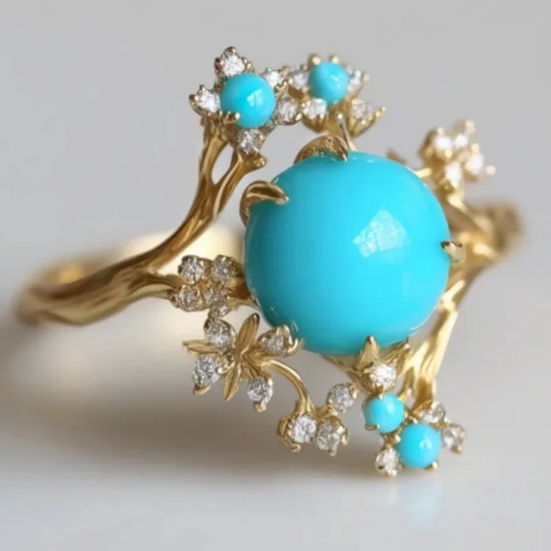 Ladies' Tree Branch Hollowed Out Ring Inlay Synthetic Turquoise Golden Plated Ring Temperament Jewelry Accessory