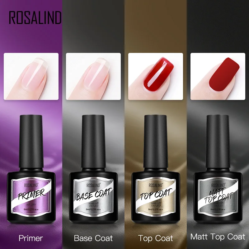 ROSALIND เล็บผง Matt Top Coat UV เจลสำหรับเล็บ Healthy Primer Base Top Coat กึ่งถาวรเล็บ Art