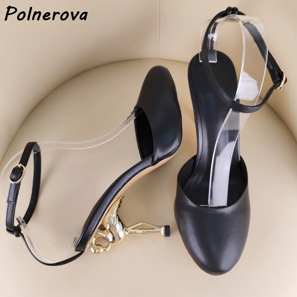 Flamingos Metallic Heel Pumps Round Toe Ankle Strap Buckle Slingback Sandals Novelty Art Stiletto Evening Party Summer Shoes