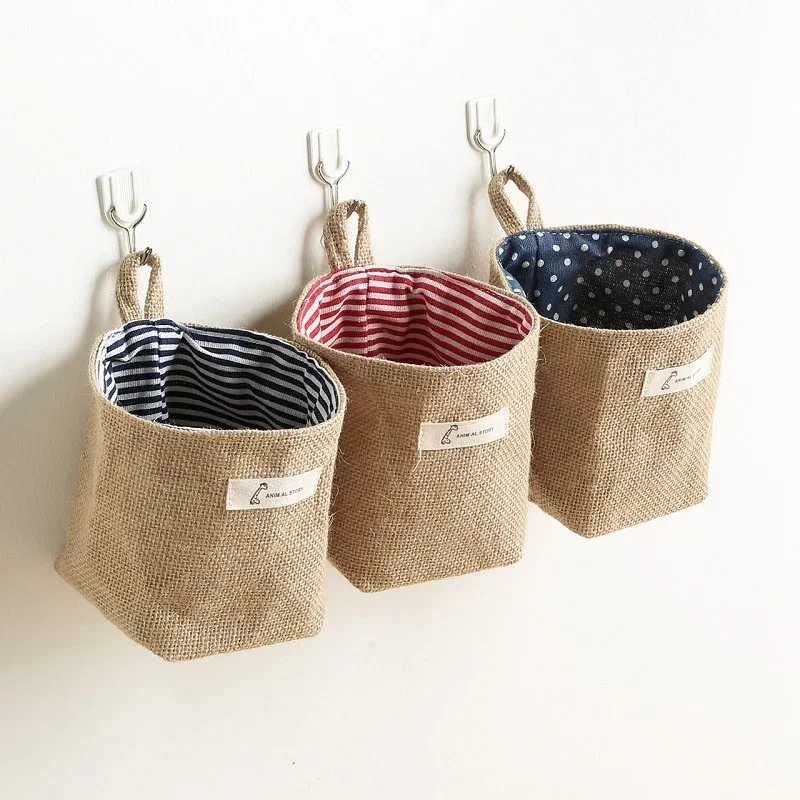 Cotton Linen Storage Bag Desktop Storage Basket Hanging Pocket Organizer Toy Basket For Cosmetic Sundries Storage Box Decor