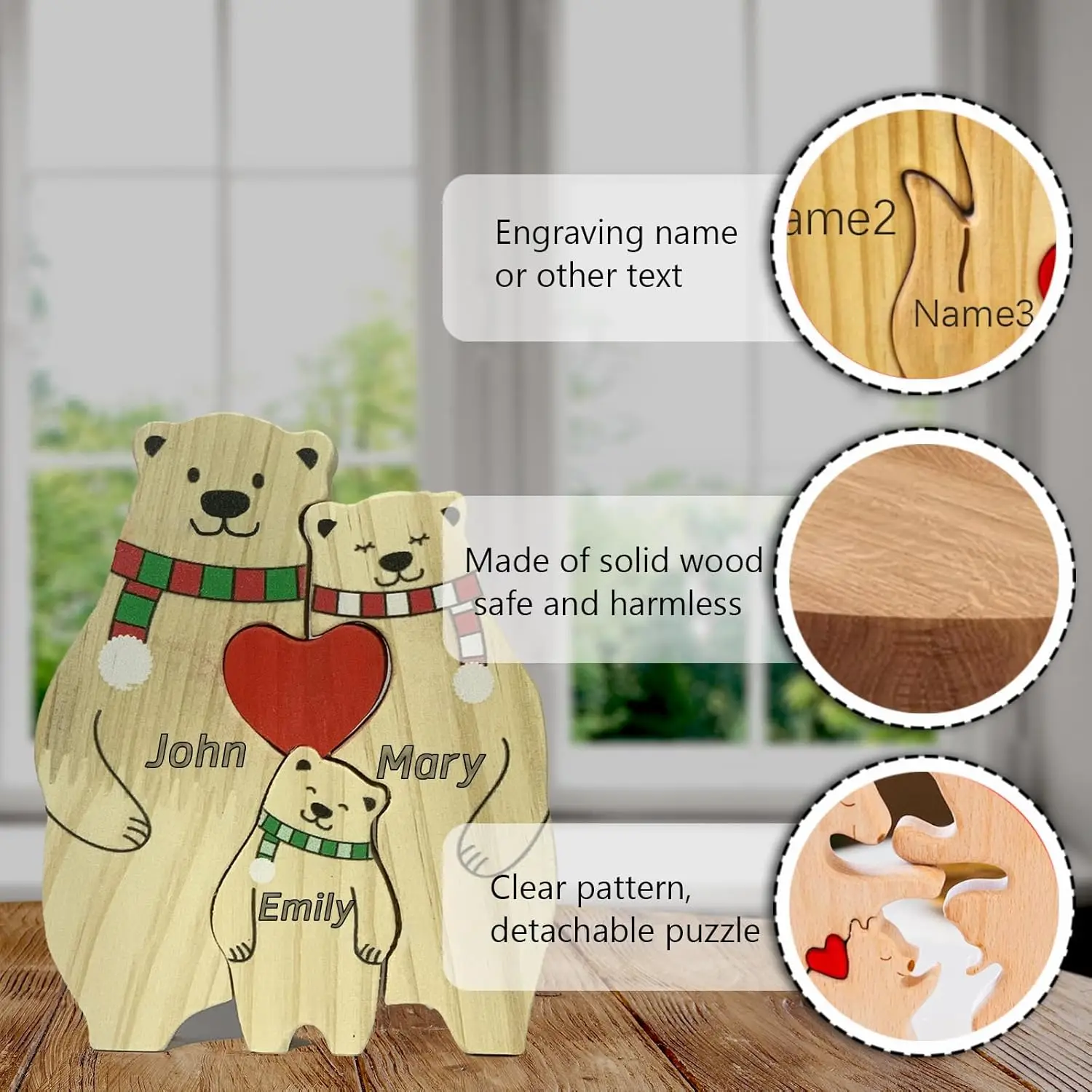 Name Personalized Custom Mother\'s Birthday Gift Family Names Sculpture Wood Puzzle Bear Family Heart Puzzles Home Decoration