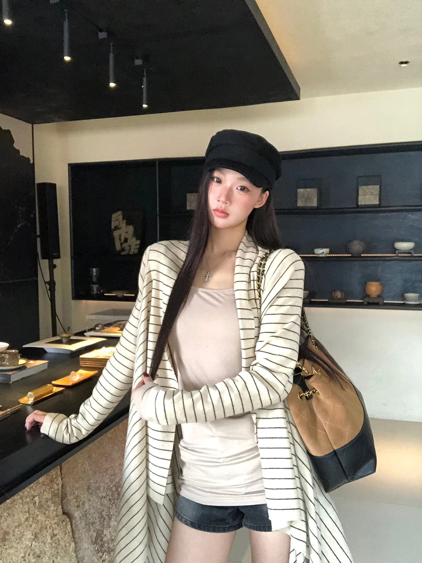 

Красный вязаный открытый кардиган знаменитостей, женский ранняя осень, модный корейский свитер в полоску слэ Аосфера, длинный свитер в полоску, куртка