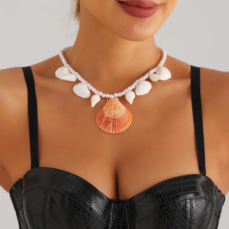 European and American Ornament  Seaside Shell Imitation Pearl Choker Ethnic Style Beach Conch Necklace