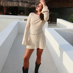 Autumn Winter Knitted Mini Dress Women Sexy Backless Holiday Beach Dresses Elegant Casual Long Sleeve Solid Sweater Dress 2024