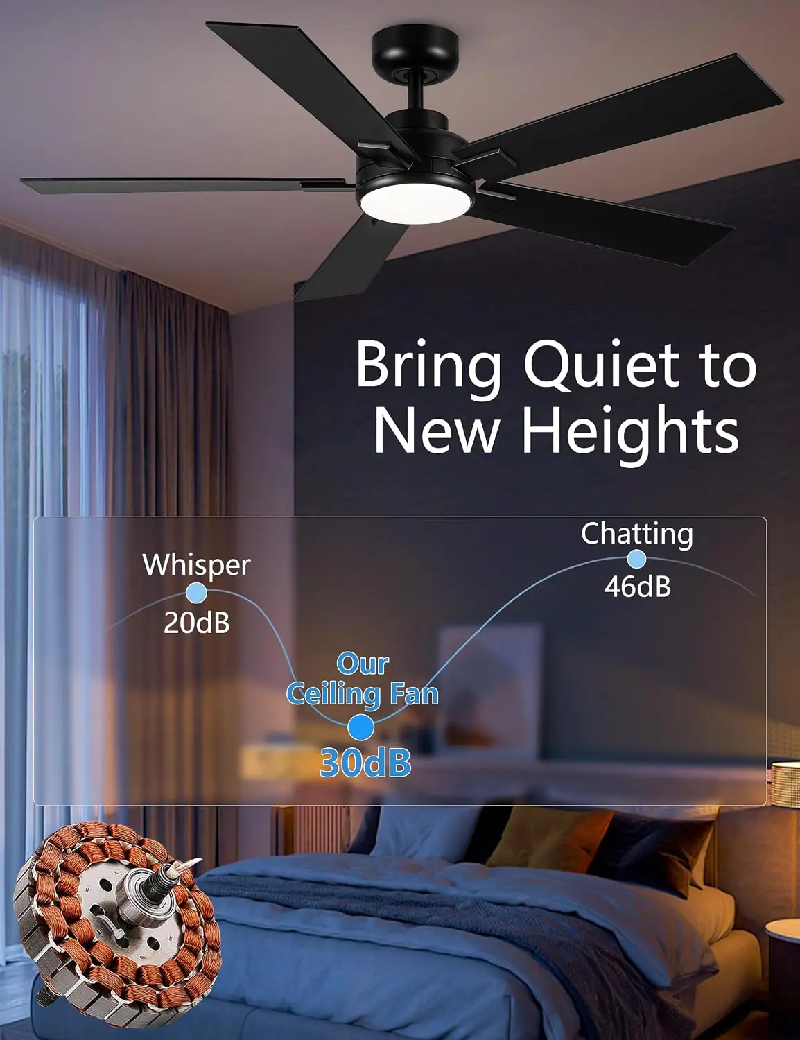 52" Black Ceiling Fan with Light & Remote, DC Motor, 6-Speed, 3CCT Dimmable, Quiet, Indoor/Outdoor, ETL Listed view 3