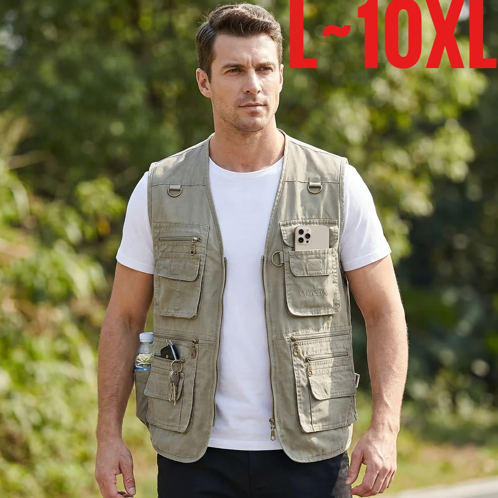 Übergröße 10XL Herren-Anglerweste mit Mehrfach-Reißverschlusstaschen Ärmellose Jacke Herren-Cargo-Wanderweste für Outdoor und Arbeit in Übergröße