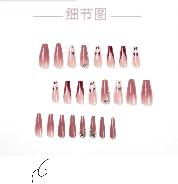 24 stuks lange ballet valse nagel Franse strass vlinder glitter poeder draagbare manicure druk op nagels effen