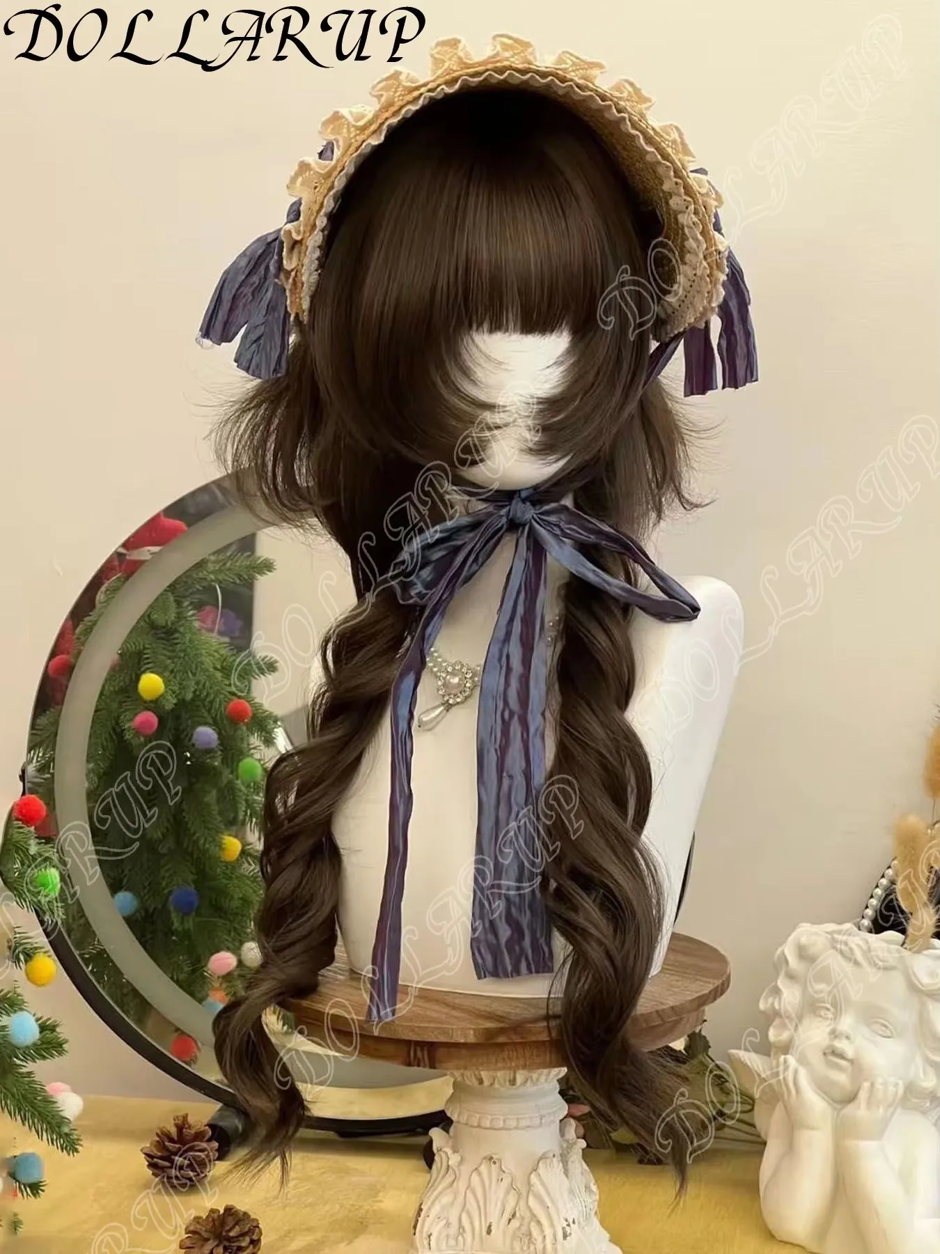 JKL الانفجارات المحطمة مع سوالف بني أسود 50 سنتيمتر ذيل حصان مزدوج طويل مجعد الشعر لوليتا شعر مستعار مع الانفجارات شعر مستعار اصطناعي ل #5