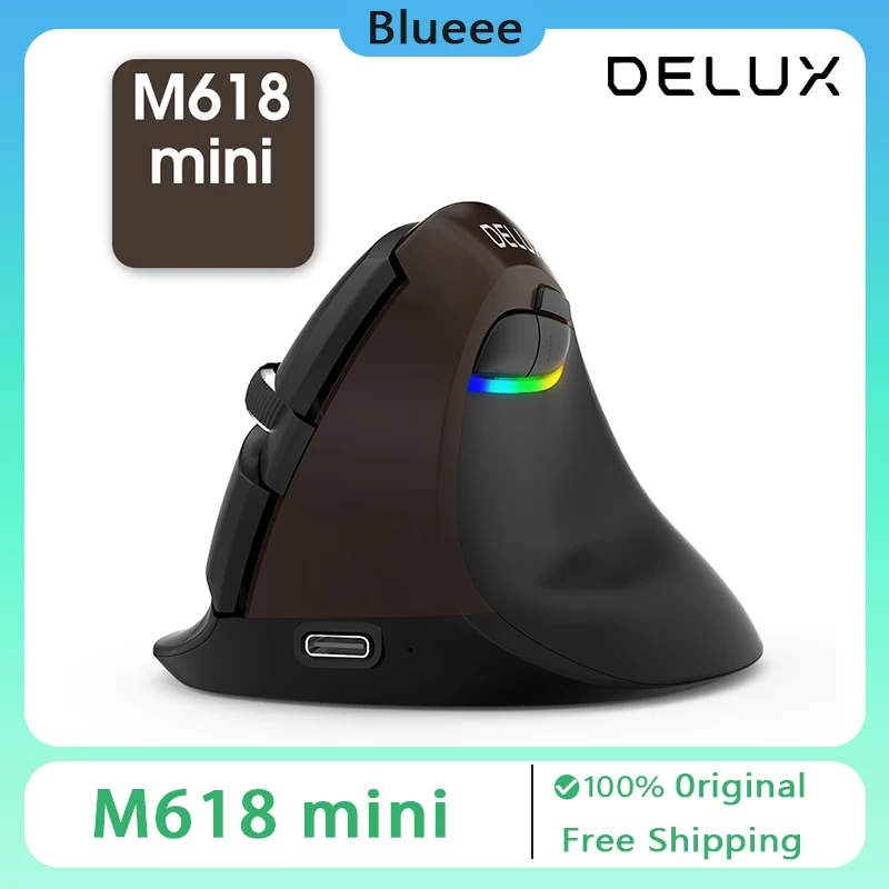 Delux M618 Mini Ergonomic Mouse Wireless Vertical Gaming Mouse White Bluetooth 2.4GHz RGB Rechargeable Silent click Mice Office