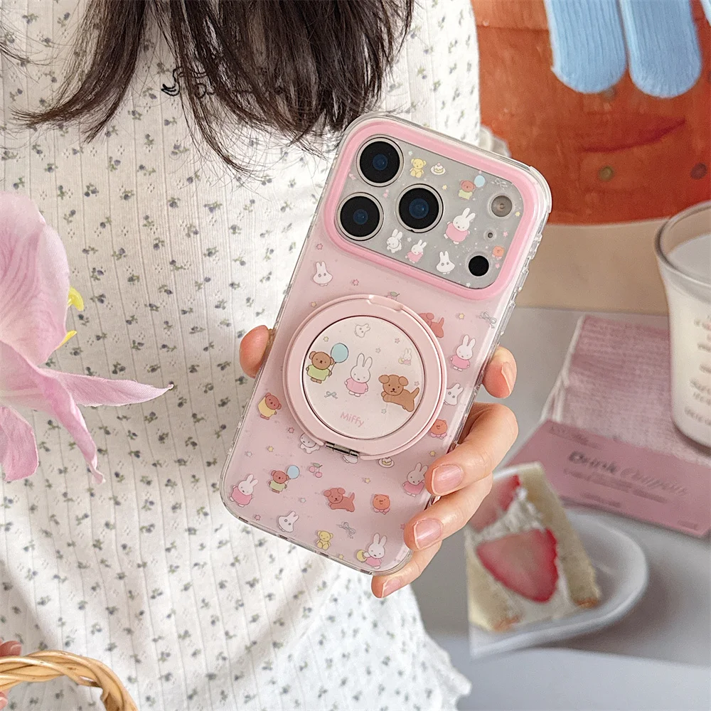 

Cute Cherry Bear Miffy Rabbit Phone Case for iPhone 15 16 Pro 15 Max 17 Pro Max 16 Funda with Rotate Cover Kawaii Shockproof Cap