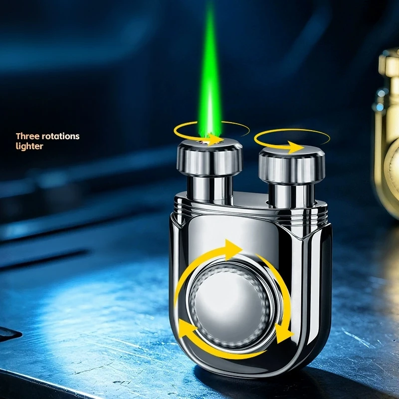 New windproof rotating decompression gyroscope visual air window metal direct impact green flame inflatable portable lighter