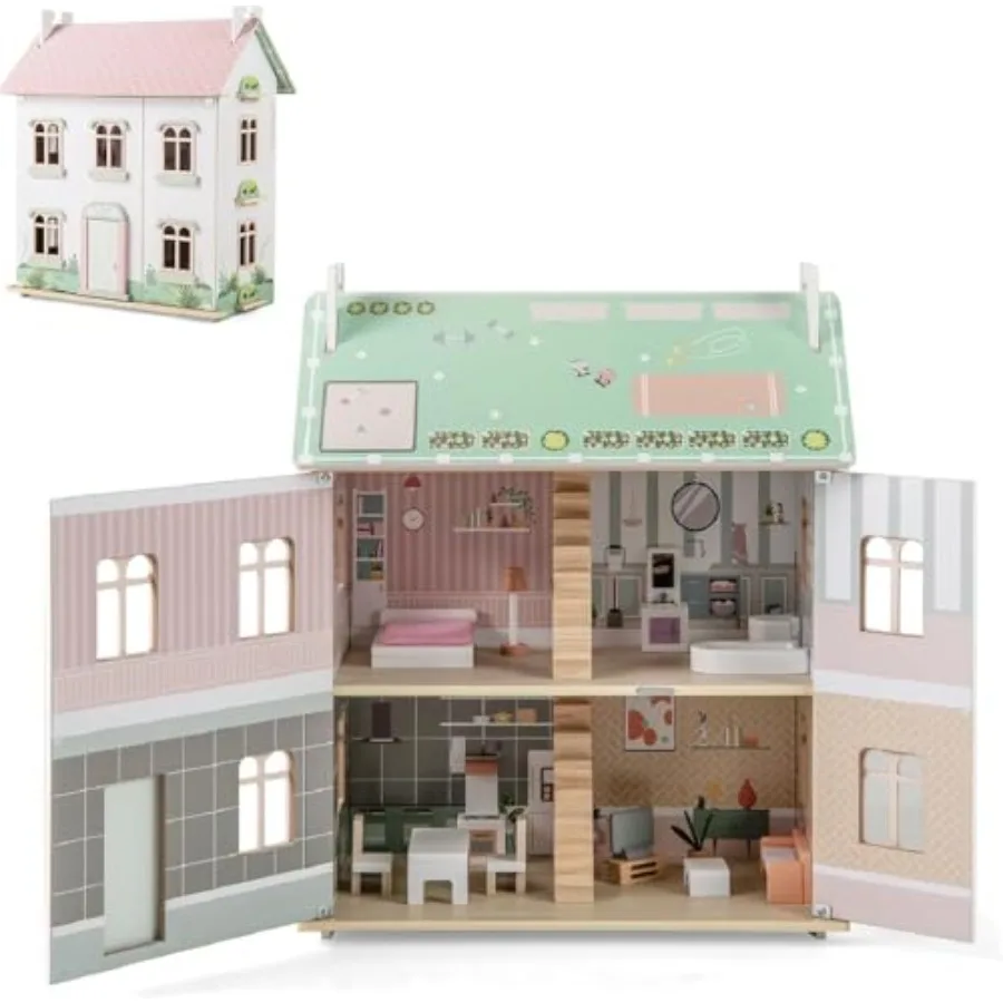 

Wooden Dollhouse for,3-Level Dollhouse Playset with Double-Sided Roofs, 19 Furniture and Accessories, 5 Rooms, Pretend Play Tod