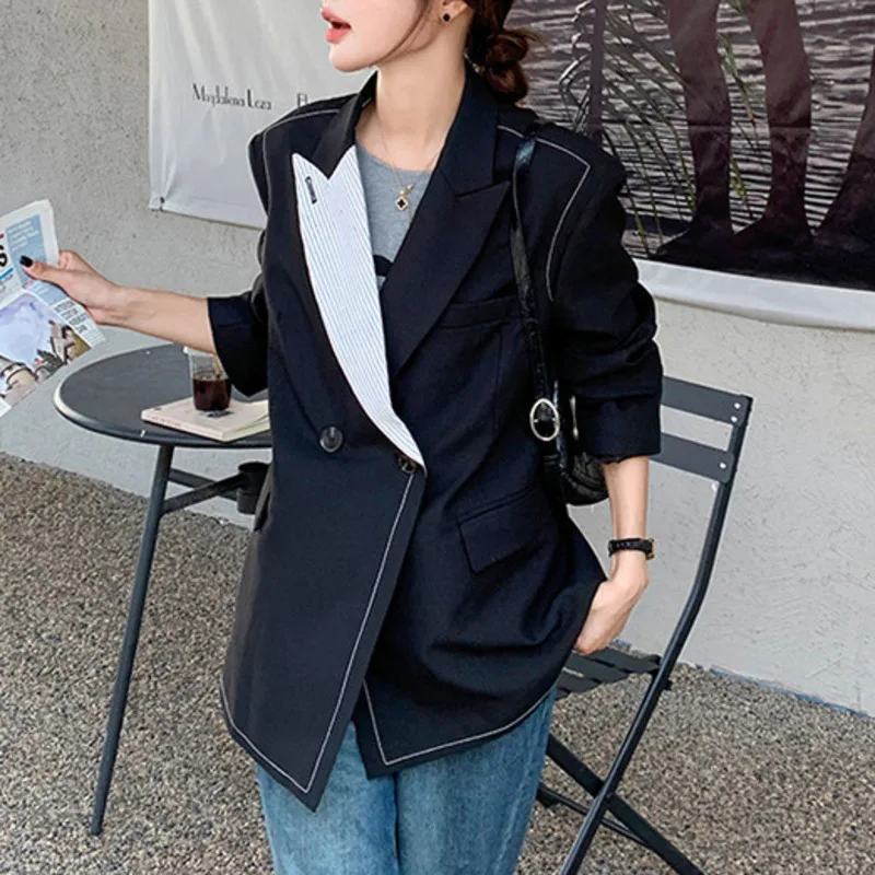 HKSH 春秋の新作レディースブレザー非対称カラーブロックダブルブレストポケットシックな韓国多用途カジュアルジャケット HK14379