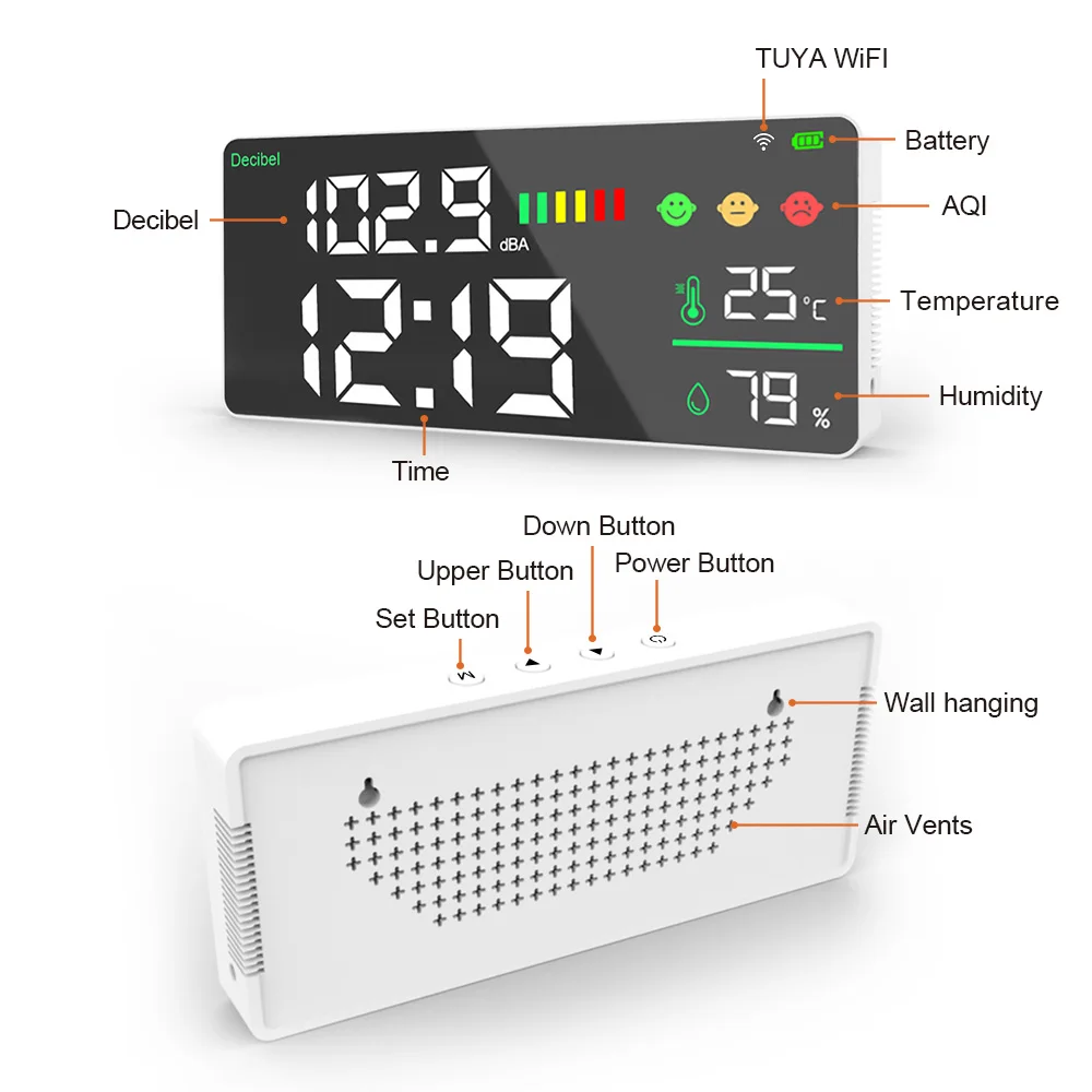 Medidor de Decibéis Wi-Fi com Temperatura e Umidade, Display LED Grande Inteligente, Medidor de Nível de Ruído Montado na Parede