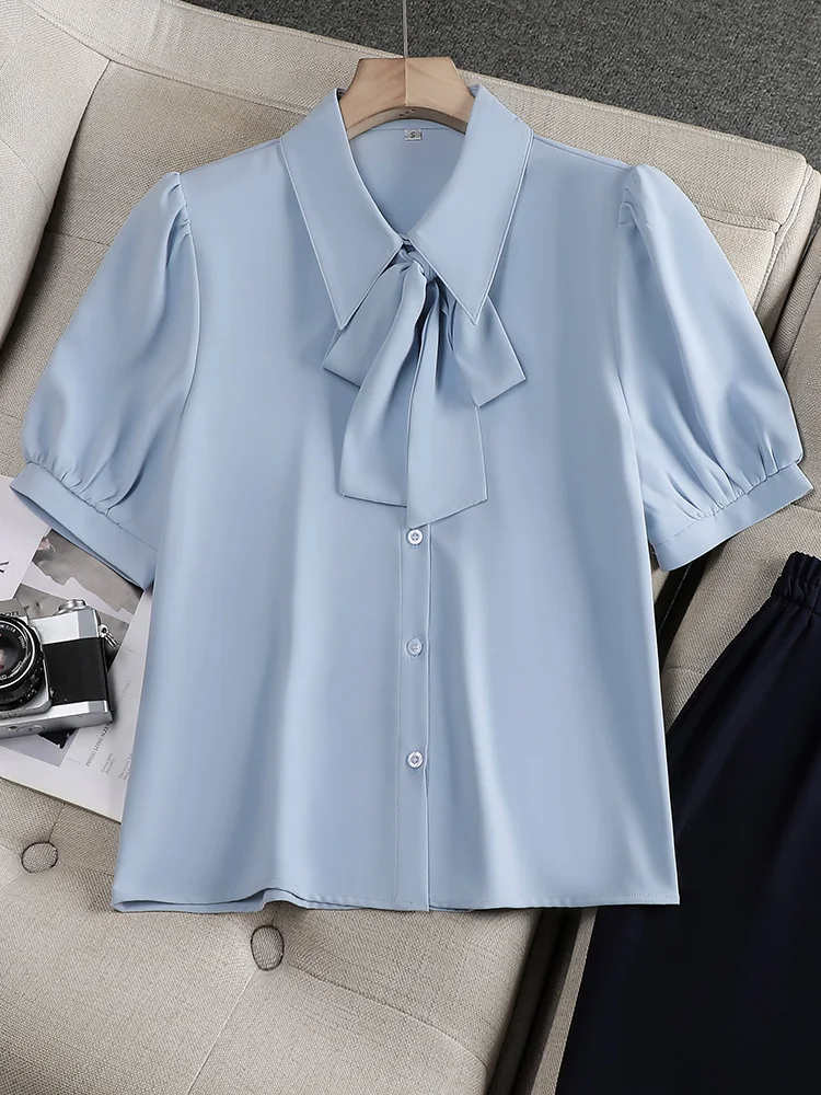

Летние синие элегантные однобортные блузки с короткими рукавами, топы, женские универсальные рубашки с французским белым бантом на шнуровке, модная уличная одежда