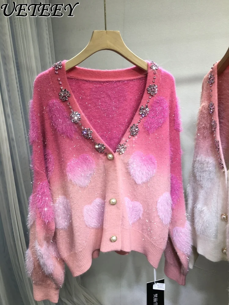 Heavy Industry Beaded Sweater Gradual Change Color Imitation Mink Velvet Love Cardigan Autumn Winter Sweet V-neck Short Sweater