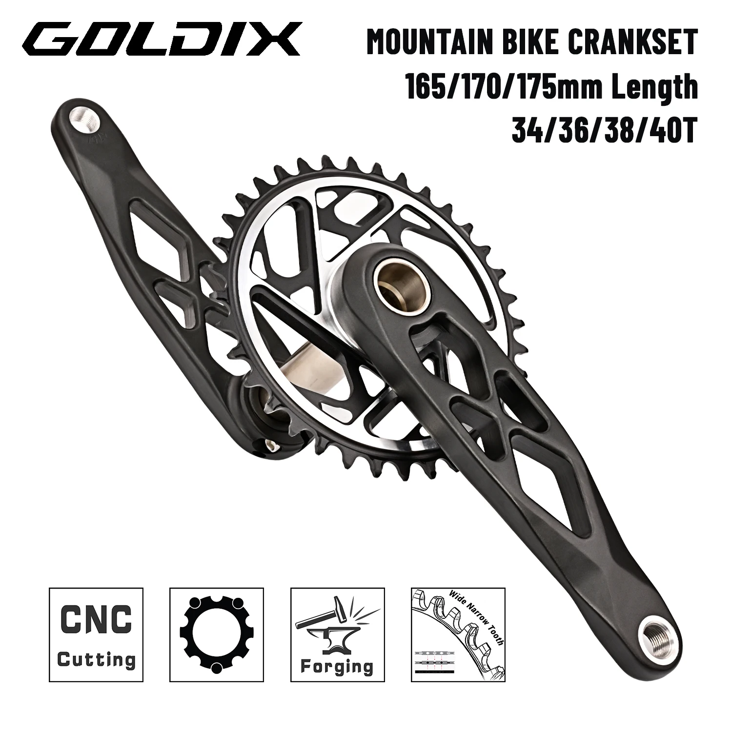 GOLDIX Mountainbike-Kurbelgarnitur 165/170/175mm Geschmiedeter Kurbelarm 3-Bolzen-Direktmontage 3mm Offset 34/36/38/40T Kettenblatt für XC AM Fahrrad