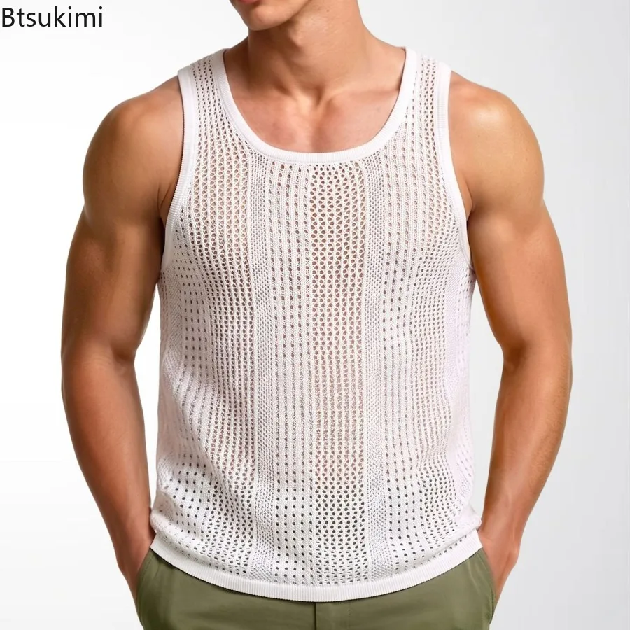 2026 Men's Summer Tank Top Lace Hollow Out Sleeveless Shirts Male Summer Clothing Slim Fit Gym Clothes Workout Solid Vest Tops
