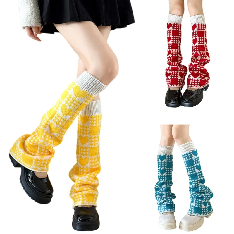 

Women Knit Boot Cuffs Leg Covers Squares Heart Flared Leg Warmers Footless Socks