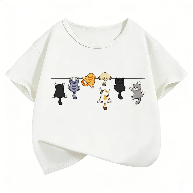 Climbing cat pattern fashion design printed T-shirt short sleeved T-shirt for boys and girls summer spring casual top