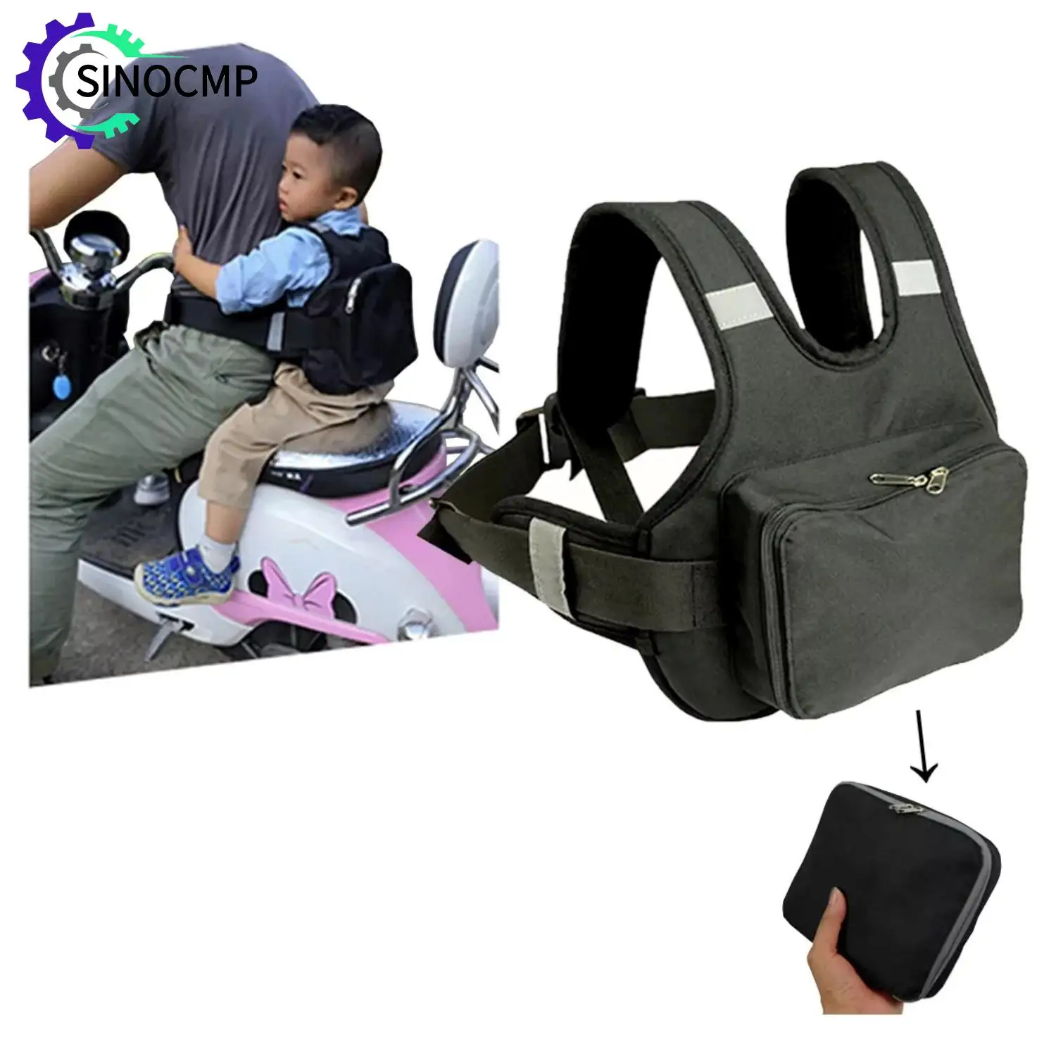 Cinturón de seguridad Universal para motocicleta para niños con bolsa de almacenamiento, asa de agarre para asiento trasero, arnés, tira reflectante ajustable para niños