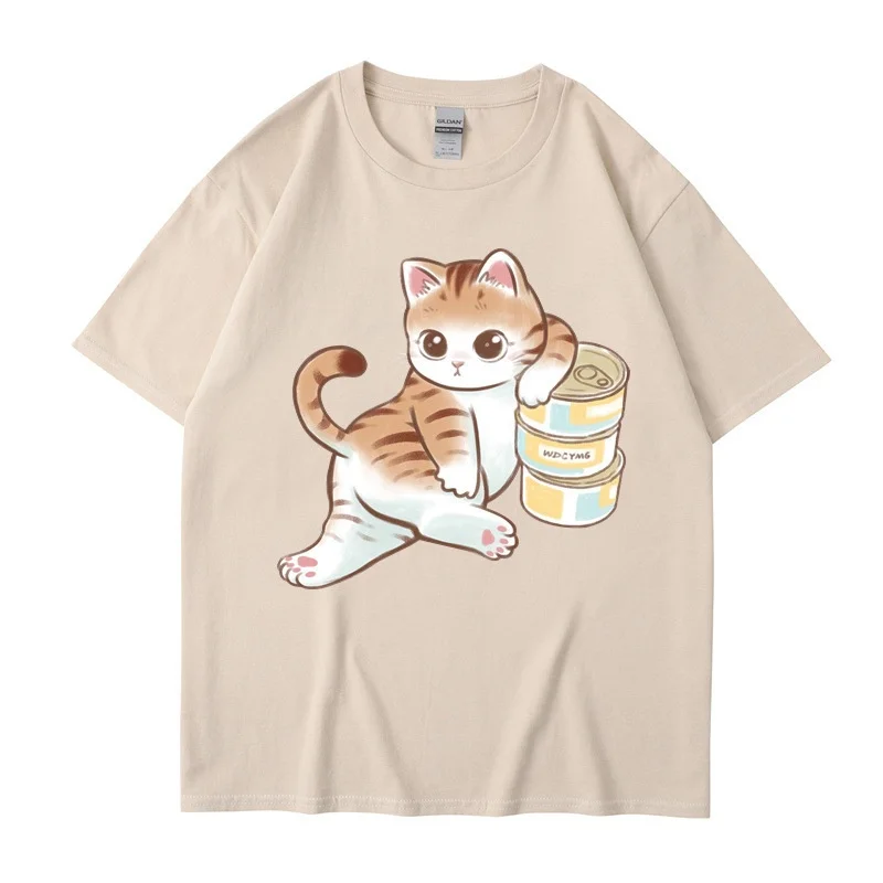 夏天남녀 커플 만화 고양이 프린트 라운드 넥 상의, 캐주얼 통기성 티셔츠, 하라주쿠 스타일 반팔 티셔츠