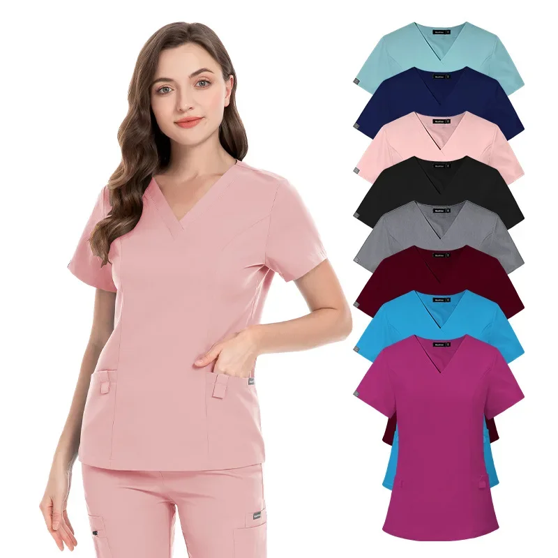 Spandex Elastic Surgical Clothing V-neck Short Sleeved Hospital Nurse Female Operating Room Hand Washing Scrub Sets